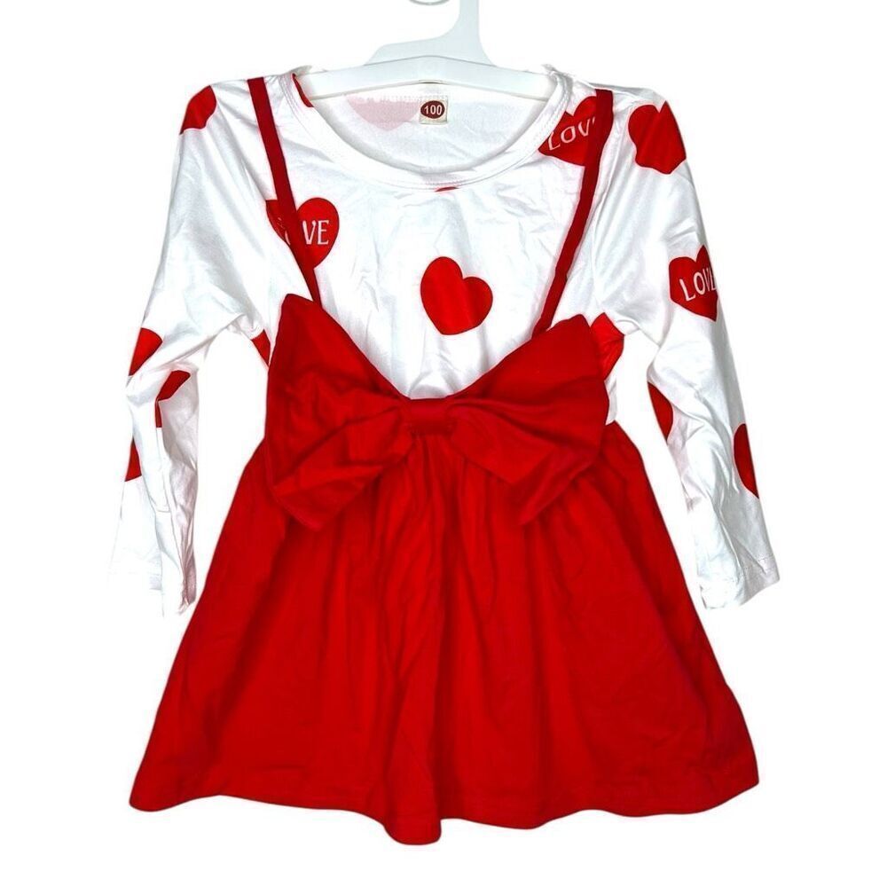 Girls Valentine Outfit Long Sleeve Heart Top with Red Suspender Bow Skirt Size 1